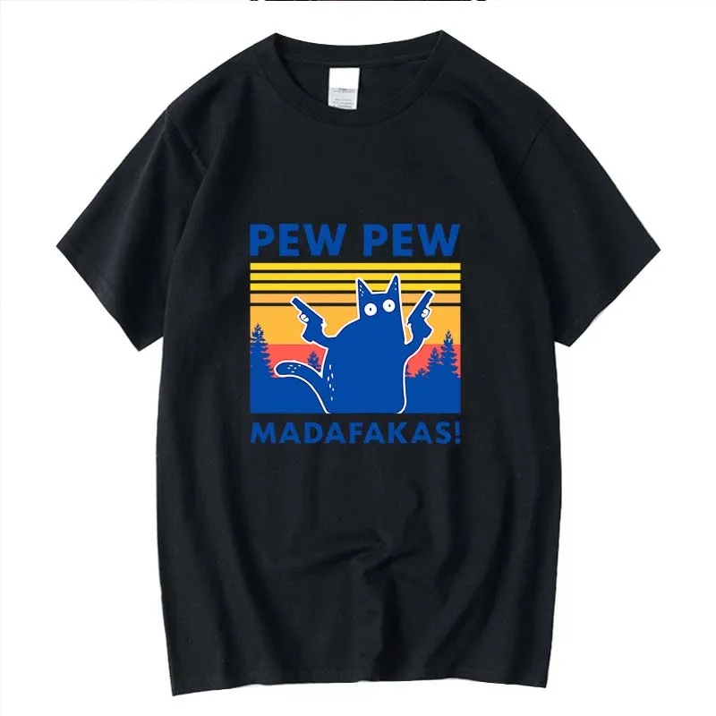 

Men's high quality T-shirts 100% cotton Funny double gun cat print Short sleeve loose Casual o-neck t-shirt tee male tshirts top