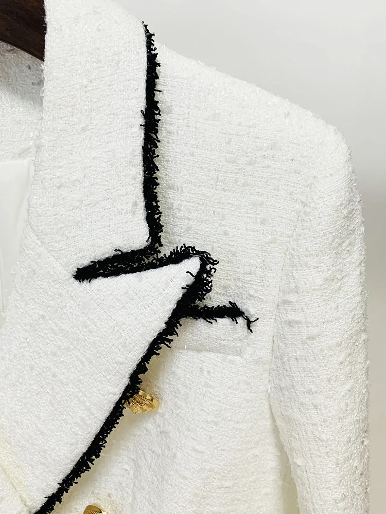 HIGH STREET Newest Fashion 2023 Designer Jacket Women's Slim Fitting Lion Buttons Contrast Color Fringed Tweed Blazer