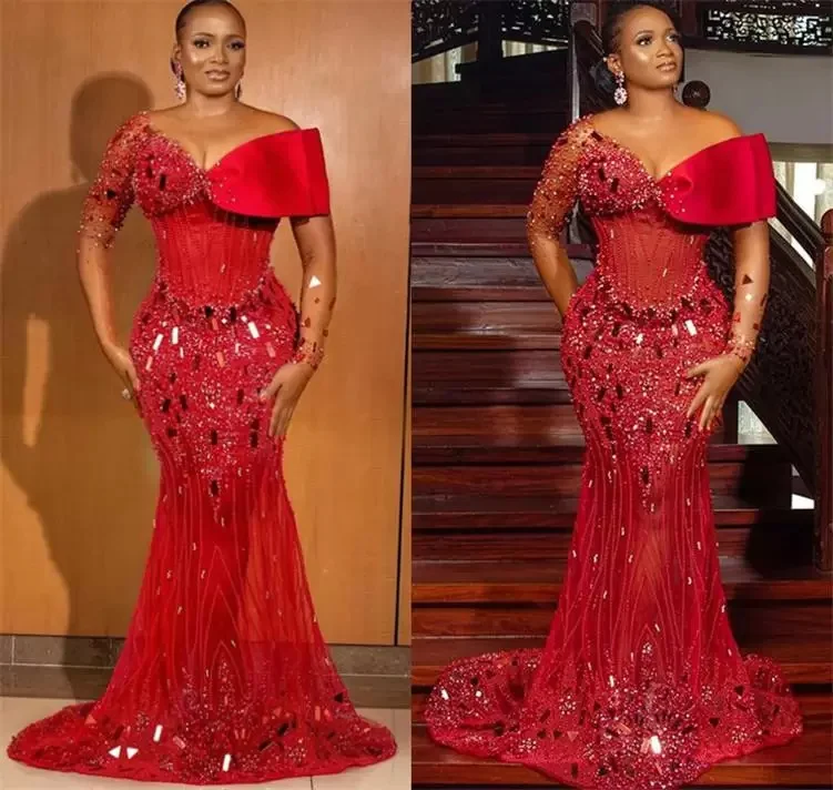 

Luxury Red Mermaid Prom Dress V Neck Long Sleeves Appliques Sequins Beads Sexy Evening Gowns Plus Size Vestido De Novia