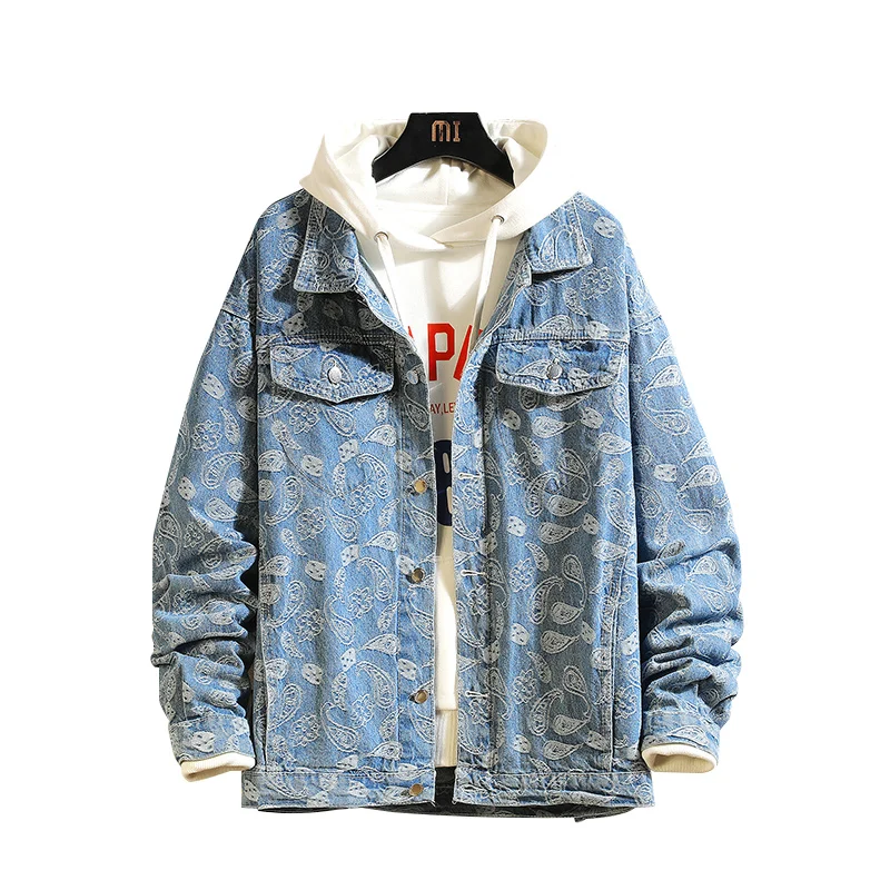 

Large Size 5XL Men Printed Denim Jacket Black / Blue Social Style Men's High Street Casual Loose Coat