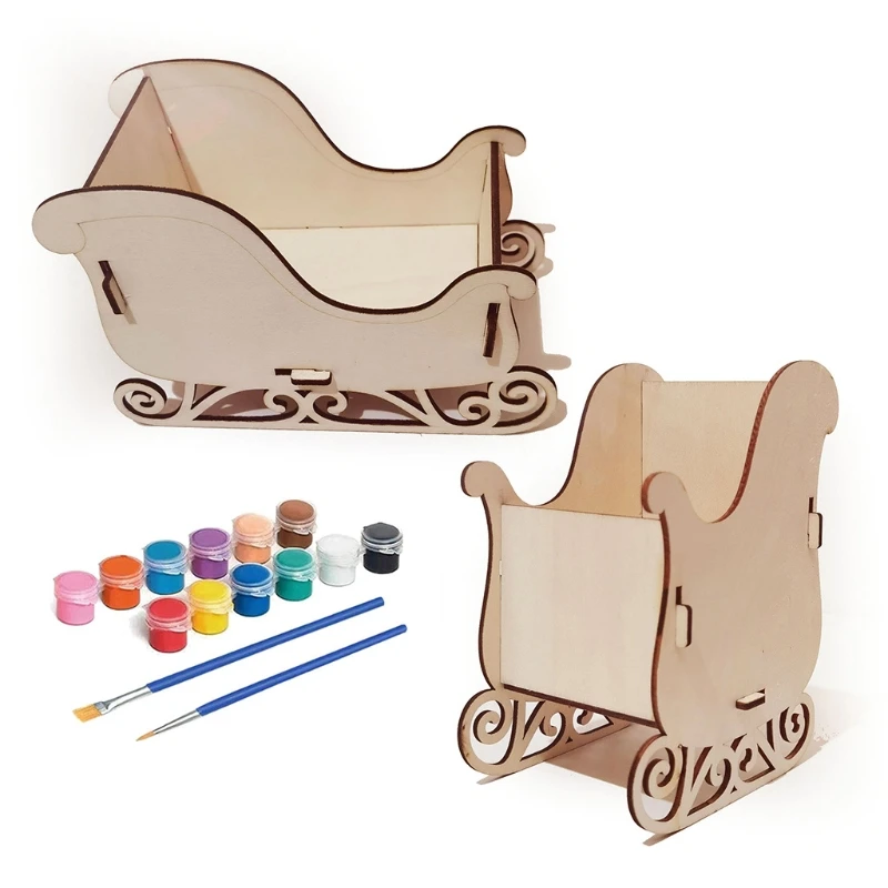 

DIY Christmas Sleigh Decoration Kit with Paints Brushes Wooden Art Craft for Kid