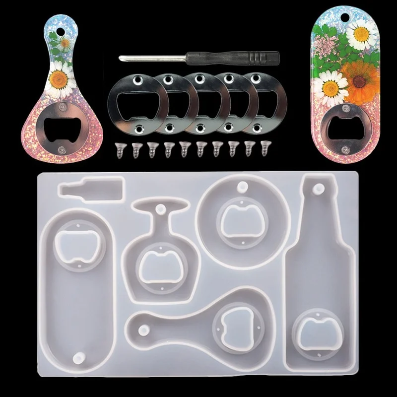 

1SET Bottle Opener Resin Mold with Stainless Steel Resin Accessories for DIY Keychain Beer Spanner Art Crafts