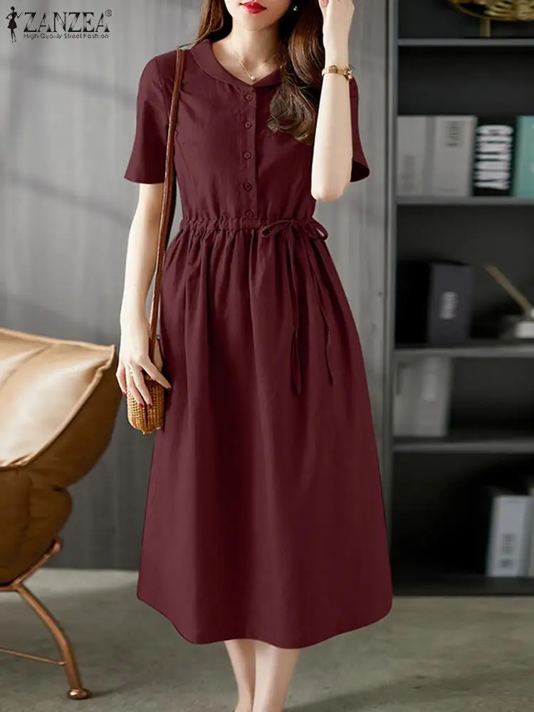

Summer Elegant Dresses A Line Shirt Vestido ZANZEA Women Causal Drawstring Waist Sundress Loose Lady Office Work Dress Oversize