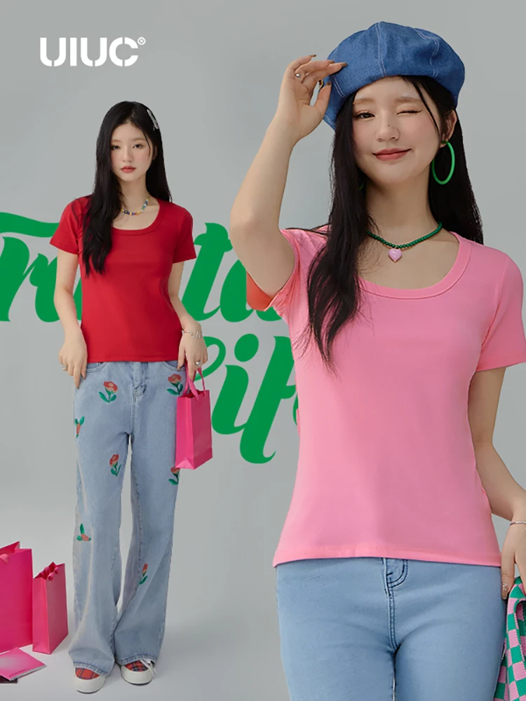 

UIUC Basic Scoop Neck Fitted Solid Tees Women Summer Multicolors Cotton Short Sleeve T-shirts 3387GS22