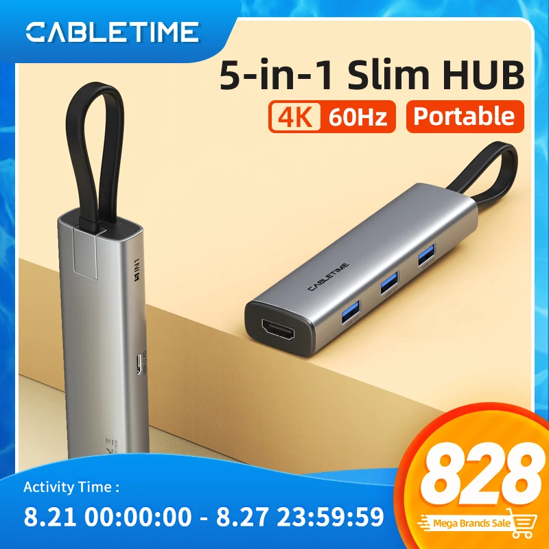 

CABLETIME Slim 5 in 1 USB C HUB to HDMI-compatible 4K 60Hz PD 100W USB 3.0 5Gbps for MacBook Pro Laptop Type C HUB C431