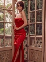 nightclub style dresses strapless sleeveless solid color slit pleated grace long dress summer sexy red dresses