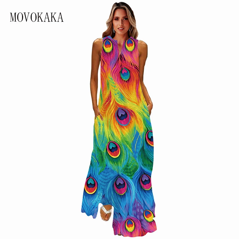 

MOVOKAKA Spring Summer Sleeveless Long Dress Women Loose Beach Casual V Neck Party Dresses Elegant Feather Printed Vintage Dress