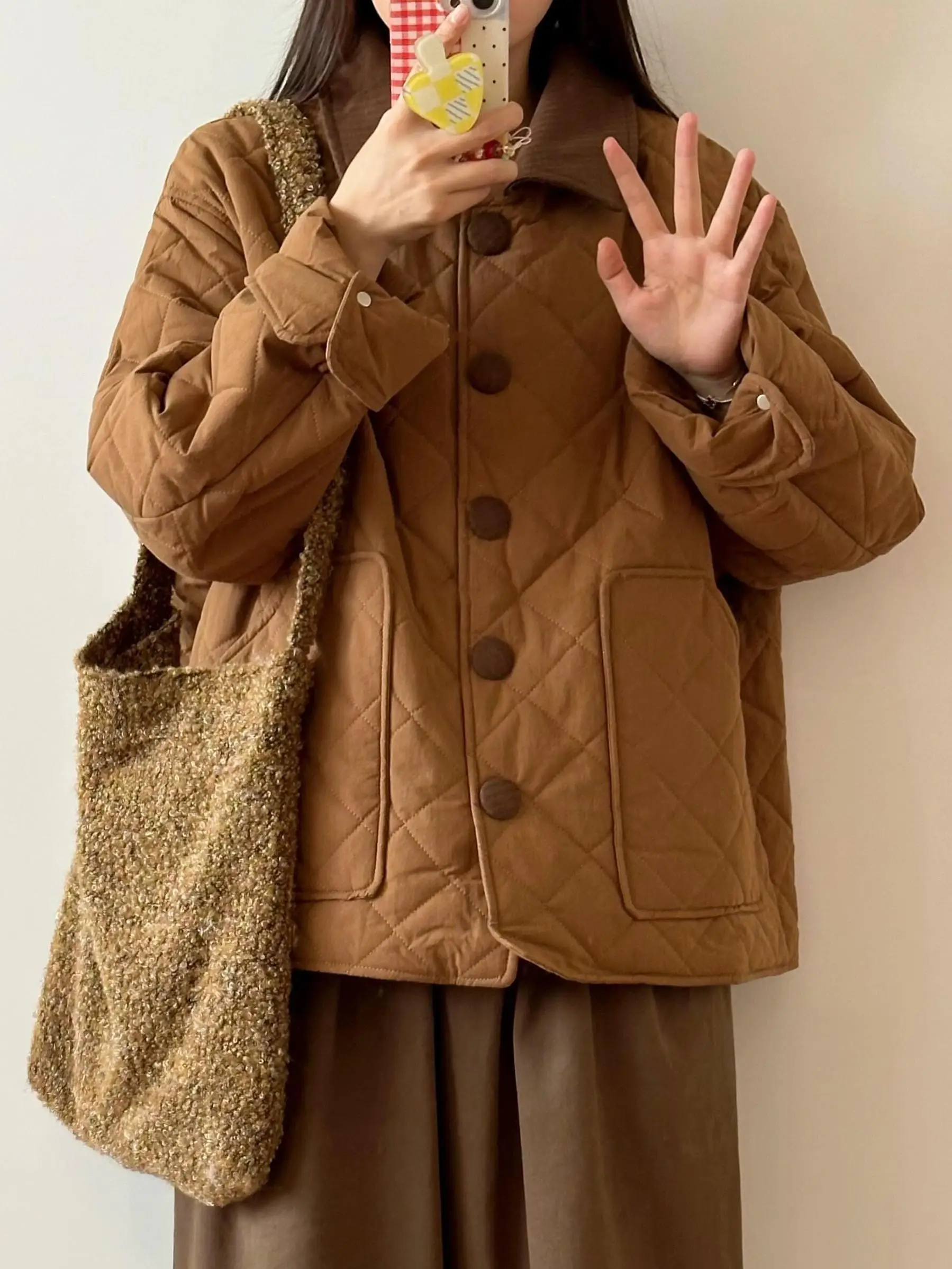 Rhombus Lapel Cotton-Padded Coat Cotton-padded jacket Women's Winter New Loose Retro Small Casual Thickened Warm Cotton-Padde...