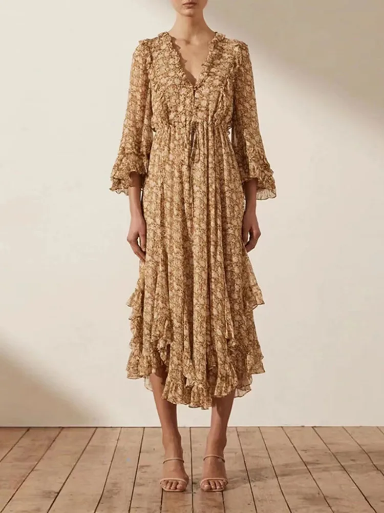 

Women Print Irregular Dress Long Flared Sleeve Lace-up Ruffles Female V-neck Fashion Robes 2022 Autumn new