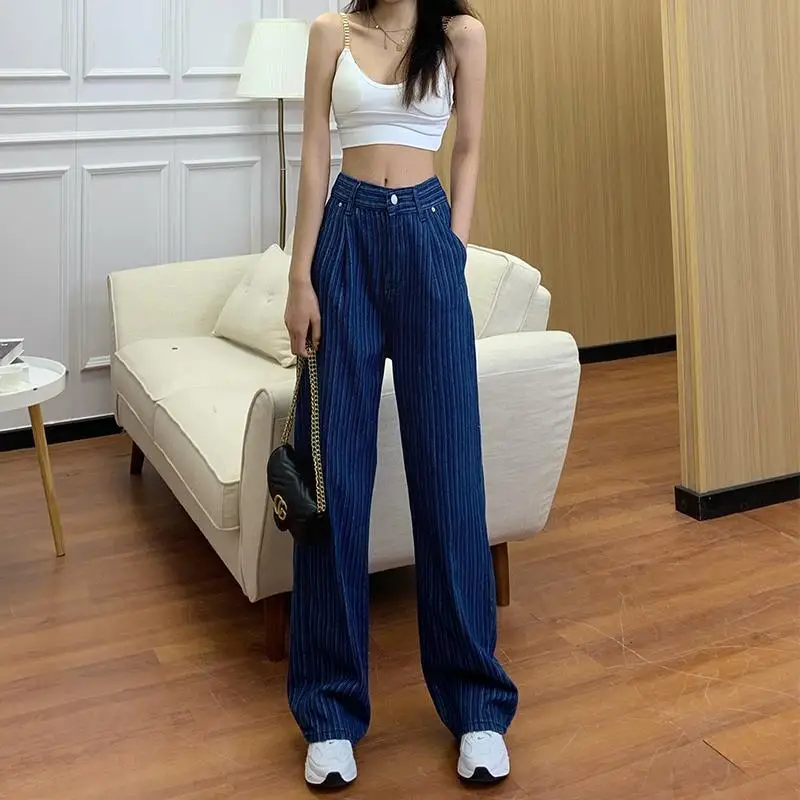Spring Summer Casual Striped Wide Leg Denim Pants Women's Clothing Fashion Korean High Waist Loose All-match Trousers for Female