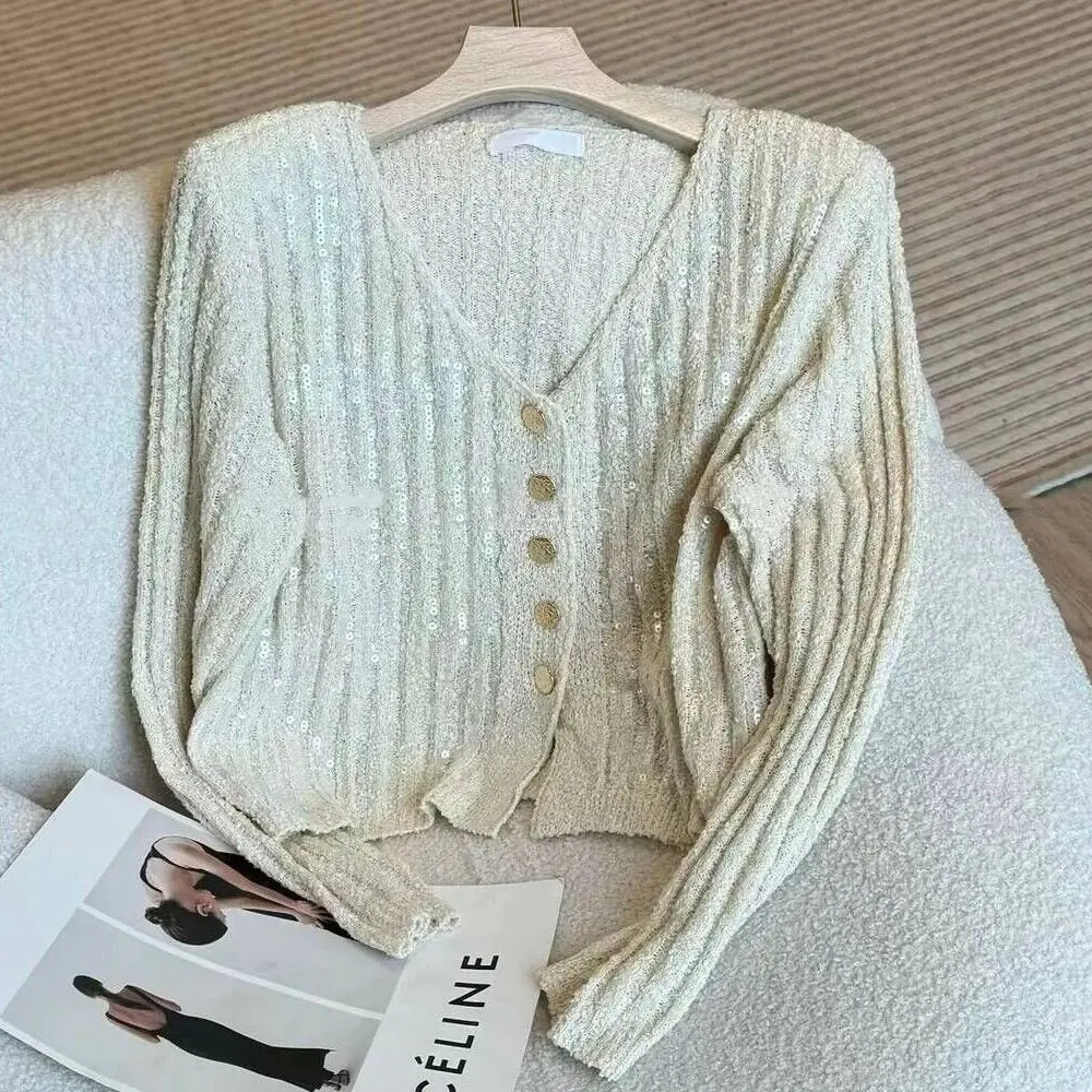 Женский трикотажный кардиган с блестками офисный однобортный тонкий свитер