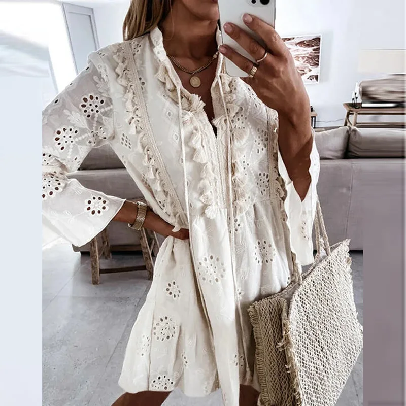 

Женское кружевное жаккардовое платье, повседневное однотонное ажурное платье в стиле бохо с V-образным вырезом и бахромой, весна