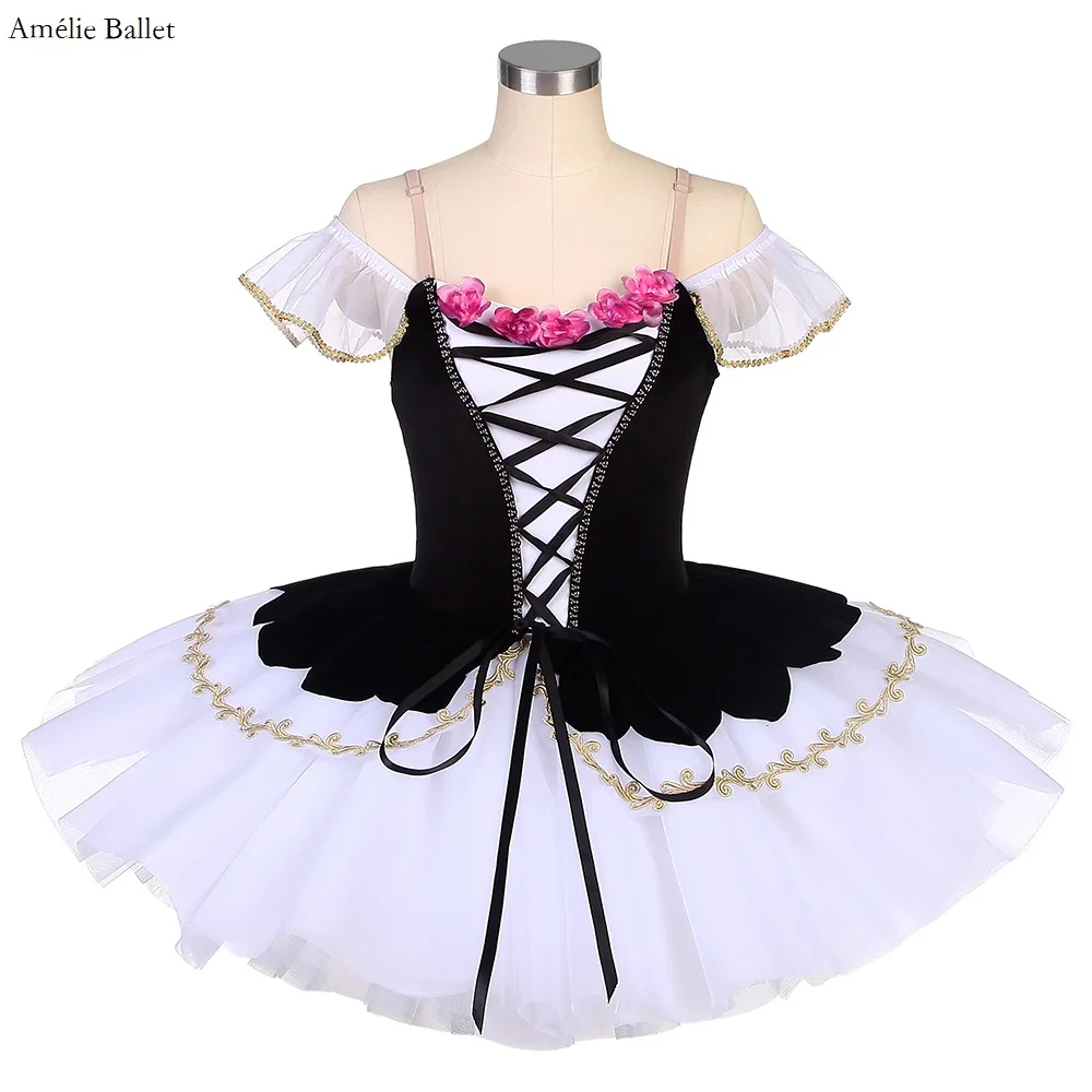 

22547 Off Shoulder Classical Ballet Dance Tutu Black Velvet Bodice with White Puffy Tutu Adult Girls Ballerina Dance Costumes