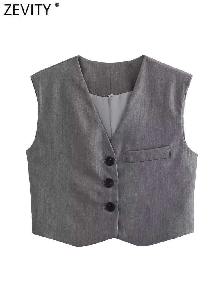 

Zevity Women Fashion V Neck Single Breasted Business Short Vest Jacket Office Ladies Sleeveless Slim Crop WaistCoat Tops CT4439