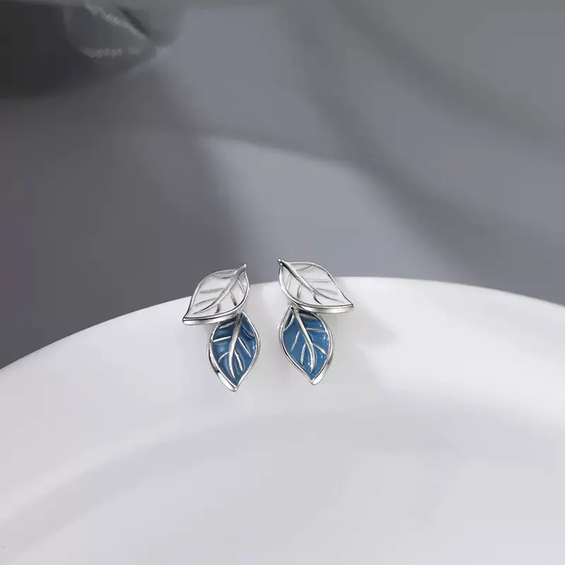 

Real 925 Sterling Silver Cute Leaves Stud Earrings White Blue Two-tone Leaf Studs Hypoallergenic Jewelry for Women Girls