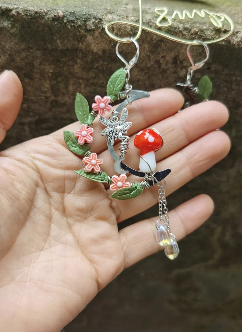 

Red Mushrooms Standing on Silver Plated Moon,Green Leaf &Fairy Dangle Earrings Forest Woodland Earrings,Cottagecore Jewelry