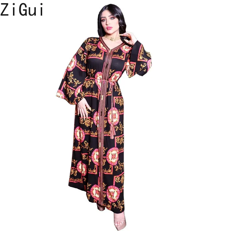 Zigui Muslim Women Clothing Dress Plus Size Abaya Robe Red Long Sleeve V Neck Jalabiya Maxi Dresses For Women