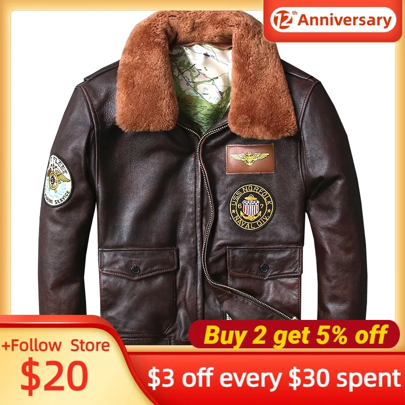 

2022 Vintage Brown Genuine Leather Jacket Men Military Style Plus Size 5XL Real Natural Cowhide Autumn G1 Pilot Coat 100kg Wear