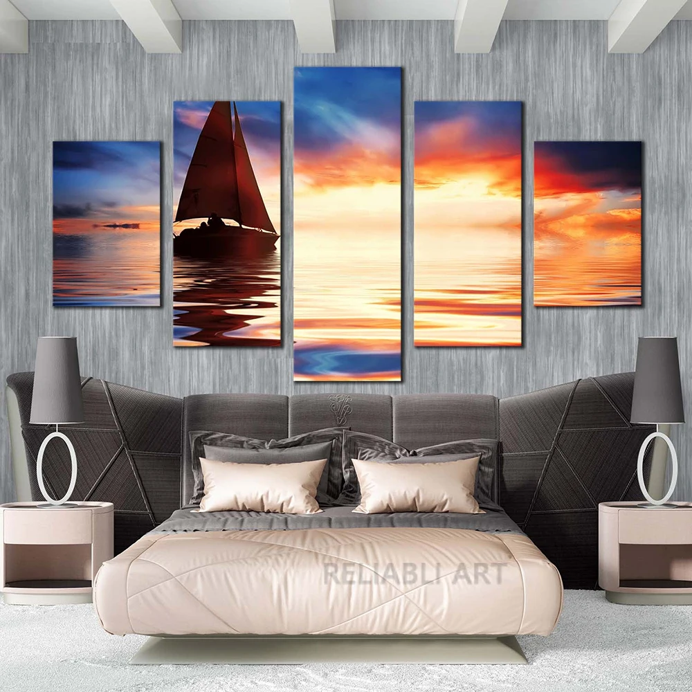 

5 Piece Sailboat Ocean Canvas Wall Art Orange Sunset Boat Multi Canvas Artwork Blue Sky Seascape Posters for Living Room Decor