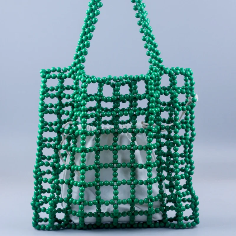 

Summer Green Acrylic Beaded Bag Hollow Out Design Women's Tote Bag Seaside Travel Shopping Beach Bag Female Shoulde Bag 2023
