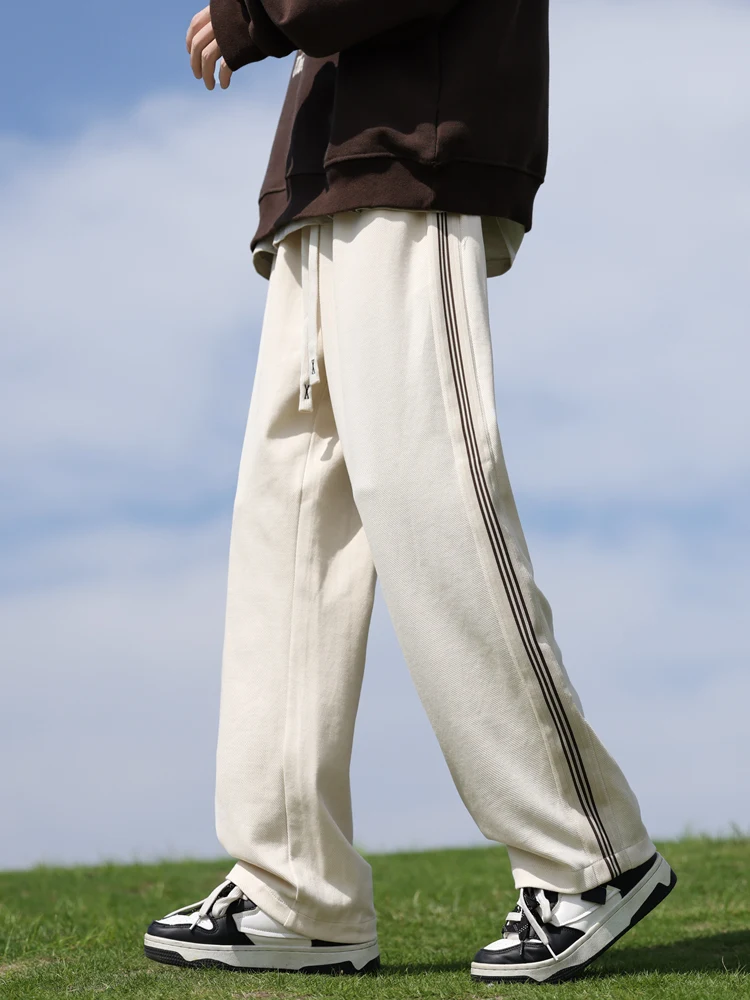 Men's Trousers Spring and Autumn New Fashion All-Matching Pants Kaki Patchwork Stripe Straight Loose Breathable Casual ...