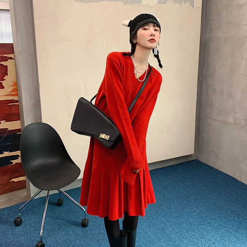 

Summer Autumn 4 Colors Sweater Korean Style High Quality Women Elegant V Neck Knitted Dres