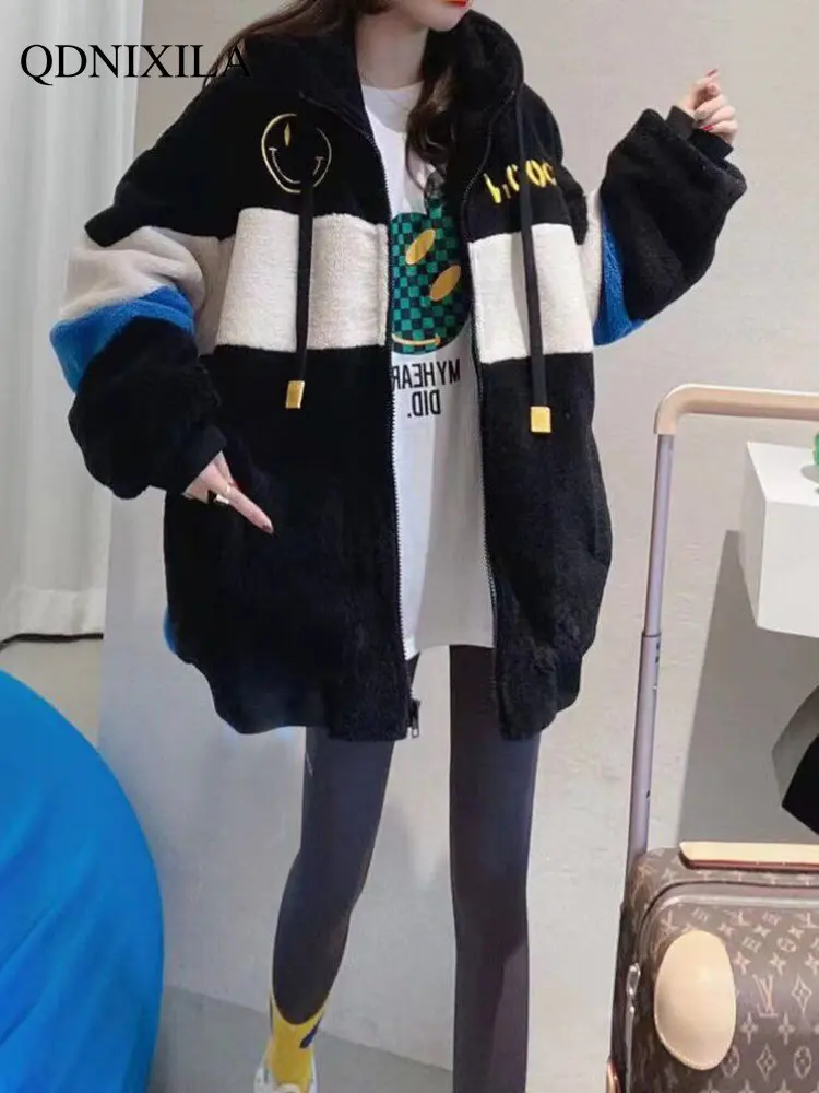 Winter Jacket Women 2022 Korean Fashion Embroidery Thickened Hooded Wool Clip Cotton Faux Fur Coat Women New In External Clothes