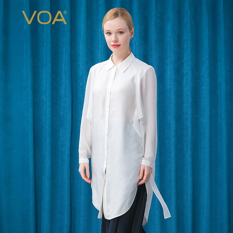 

VOA Silk Jacquard Straight Tube Loose POLO Collar White Blouse Bump Georgette Stitching Refreshing Long Sleeve Shirt BE515