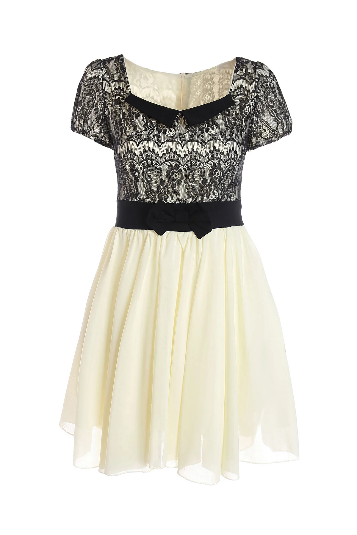 

ROSEGAL Light Yellow Lace Panel Chiffon Mini Dresses Summer Fashion Ladies Sweetheart Neck A Line High Waist Flare Dress