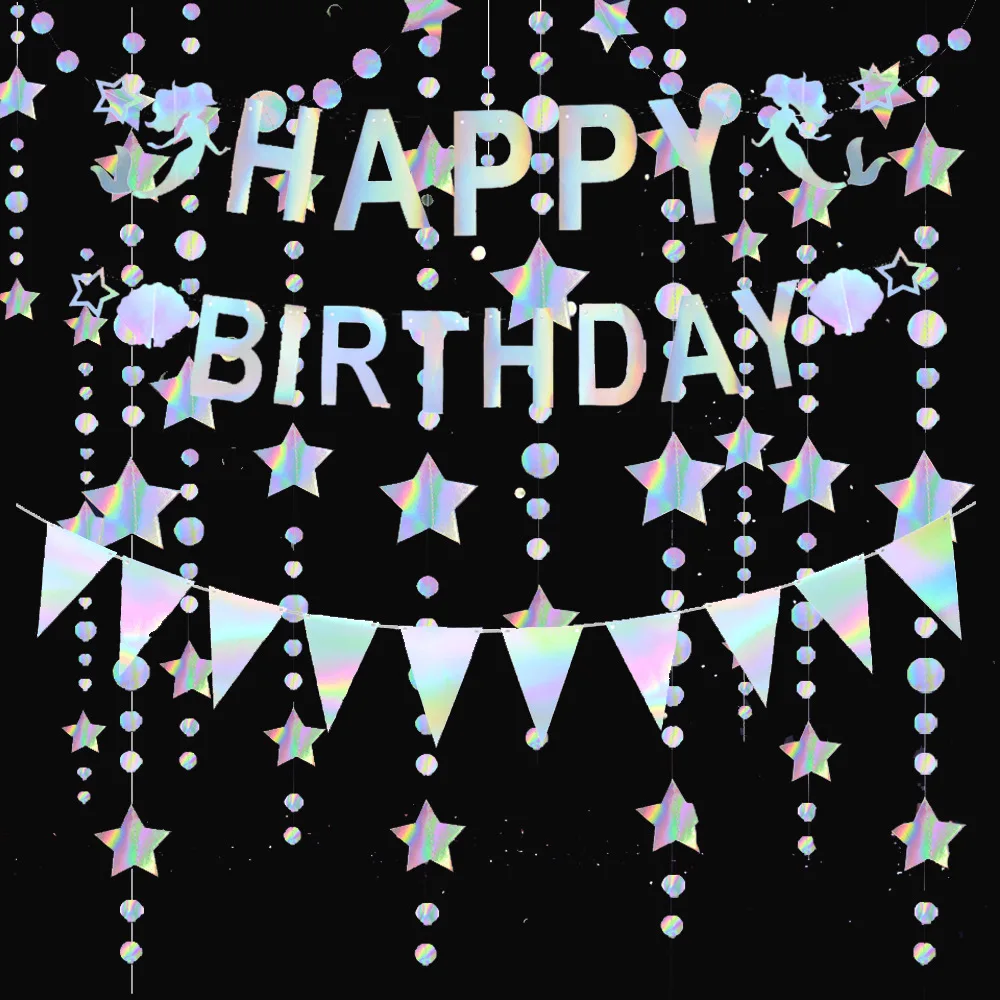 

Boy Girl Mermaid Theme Party Laser Garland Iris Silver Star Circle Flag Decoration Kids Birthday Penmant Photoprops