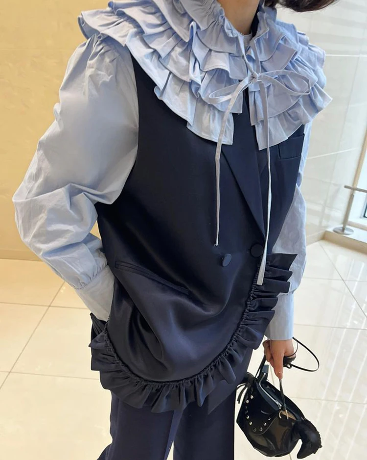 Хлопковая рубашка в японском стиле со съемными оборками воротником на шнуровке и