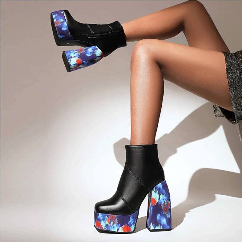

Новинка 2022, женские ботильоны, ботинки на платформе и высоком цветном блоке, осенне-зимние модные уличные ботинки для ночного клуба