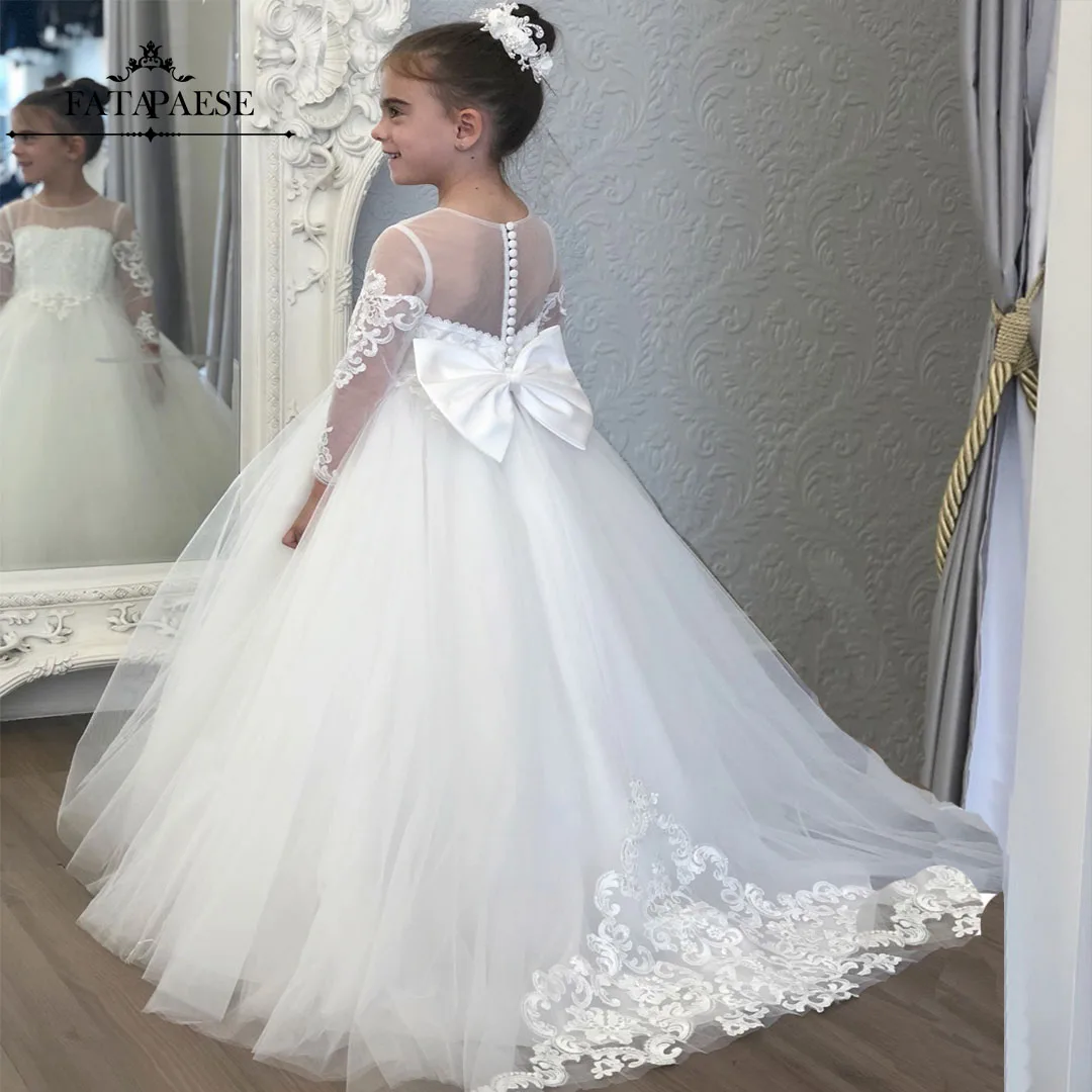 FATAPAESE Lace Tulle Flower Girl Dress Up Bottons Bows Children's First Communion Ball Gown Wedding Party Bridesmaid Dresse Kids