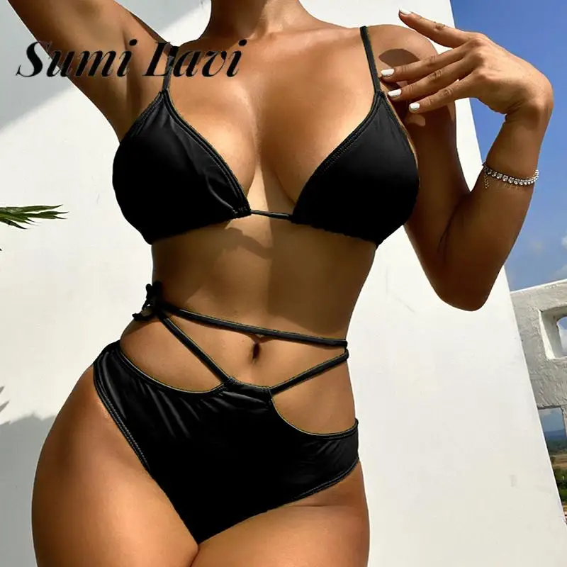 

Fashion Push Up Backless Cross Lace-up Beachwear High Waist Women's Swimsuit Summer Sling Solid Color Two Pieces Bikini Set 2023