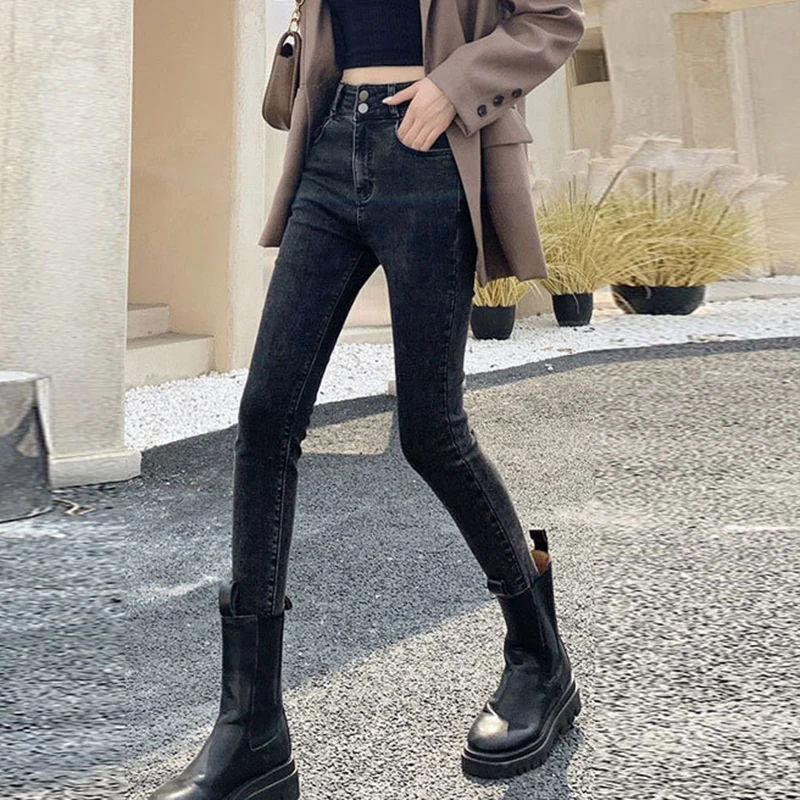 Women Versatile Early Spring High Waist Black Grey Elastic Cropped Double Button High Waist Small Leg Jeans for women