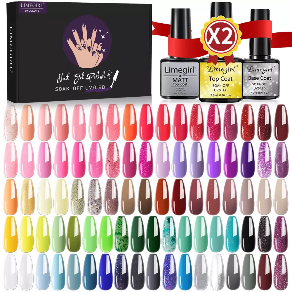 

Limegirl Gel Nail Polish Set 60/40/24 Colors Semi Permanent UV Led Gel Varnish Soak Off Nail Lacquers Base Top Coat