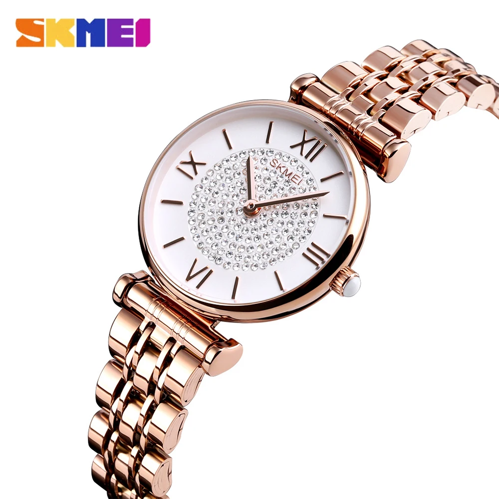 

SKMEI Fashion Women's Watch Simple Roman Numerals Stainless Steel Wristwatch Ladies Luxury Rhinestone Quartz Watch Female Gifts