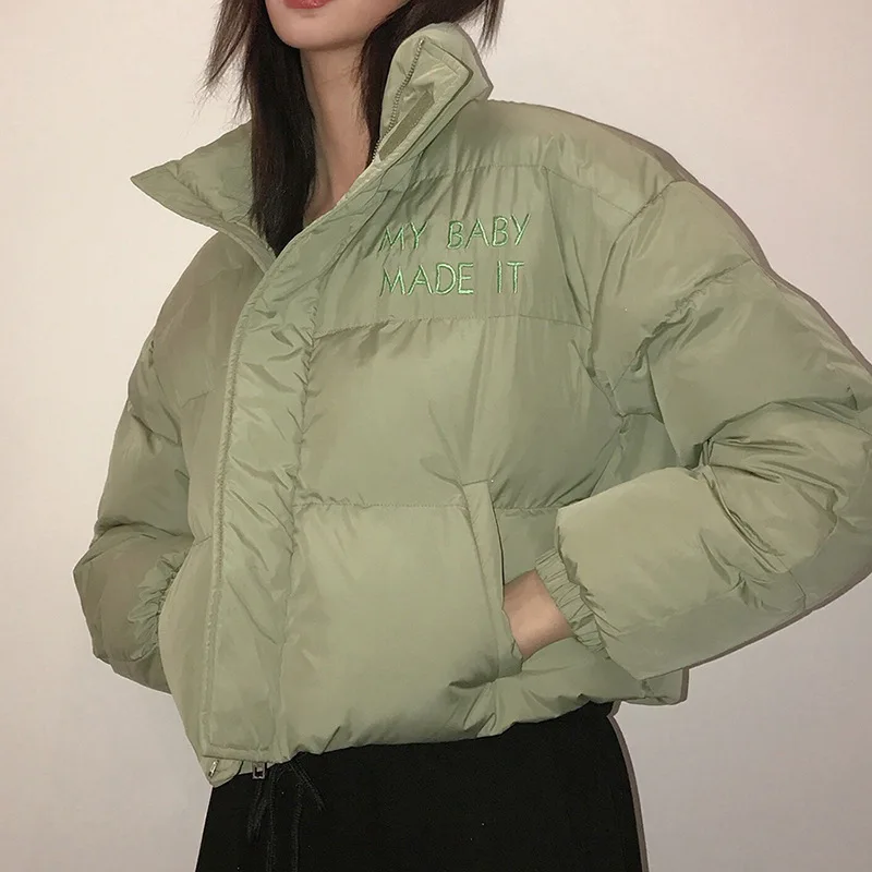 Fashion 2023 Street Style Winter Women's New Long-sleeved Cardigan Zipper Cropped Embroidered Warm Stand-up Collar Cotton Jacket