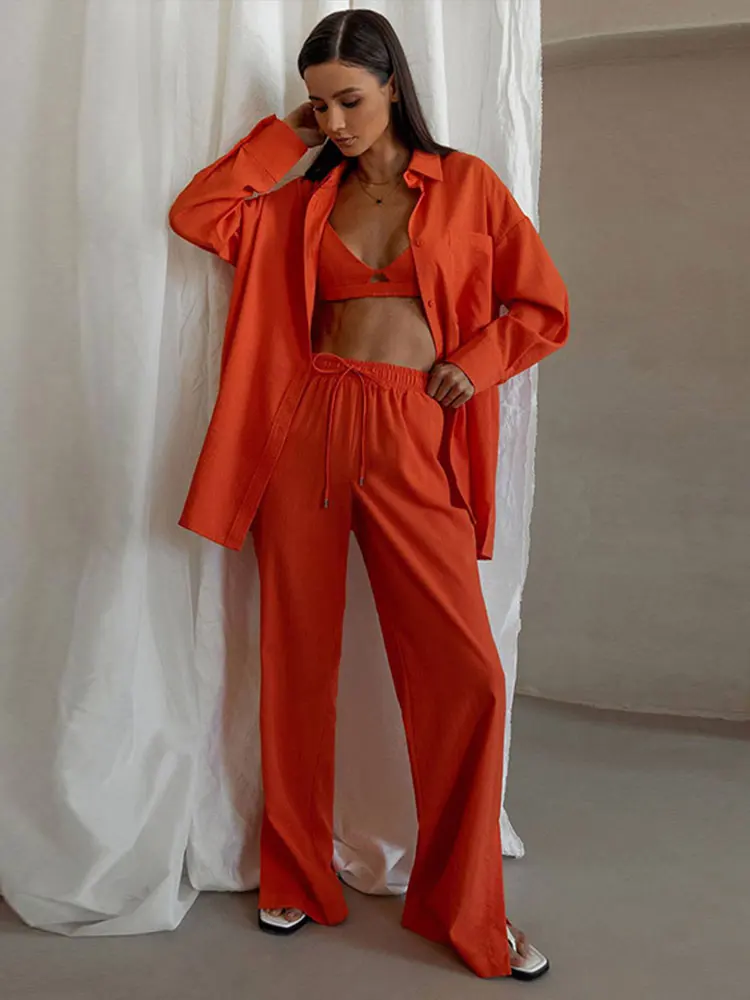 

Cotton Shirt Long Pants Set Female Single-breasted Lapels Long Sleeve Shirt Suit 2022 High Waist Lace Up Slit Wide Leg Pants Set