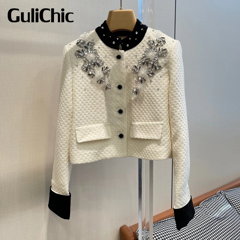 

10.28 GuliChic Women Runway Temperament Patchwork Velvet Diamonds Beading Decoration Short Argyle Wool Tweed Jacket