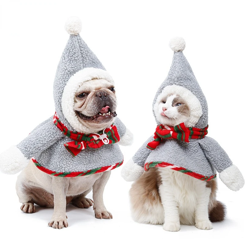 

Рождественский костюм для домашних животных с шарфом, накидкой, набор для собаки, Рождественский костюм, пончо с шляпой и помпонами