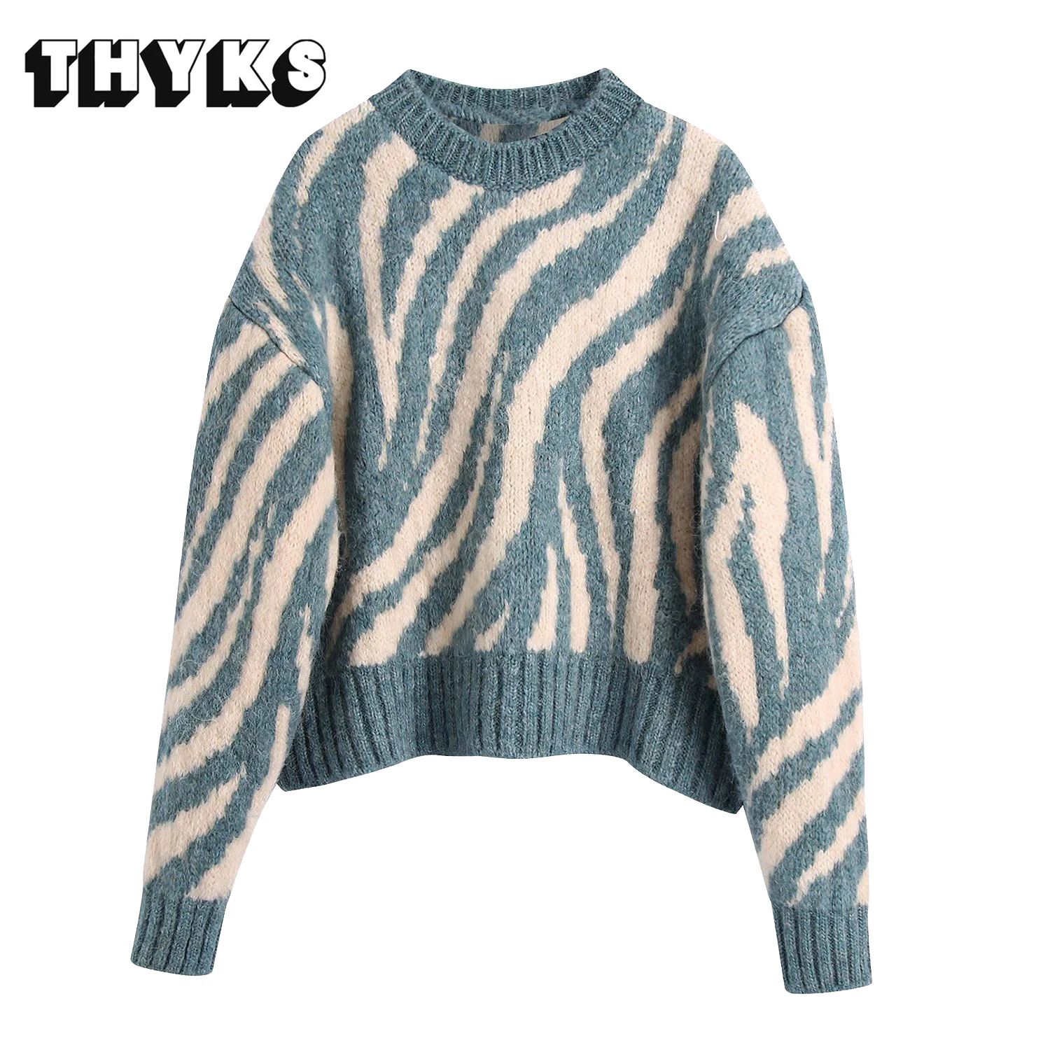 

Women Cropped Sweater Fashion Jacquard Zebra Striped Loose Crop Knit Sweater Vintage Harajuku O Neck Female Pullovers Chic Tops