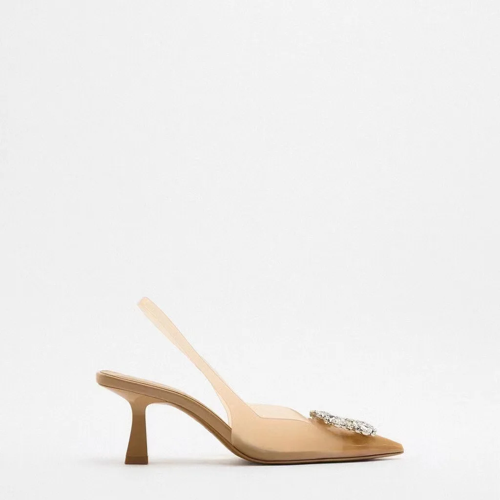 

Новинка 2022, женская обувь, декоративные сандалии Baotou с острым носком на высоком каблуке, украшенные стразами и пряжкой, цвет бежевый, гранат