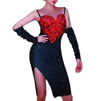 sparkle crystal rhinestones shining women dress heart sexy gloves sleeveless bar party dance stage costume rave festival outfits