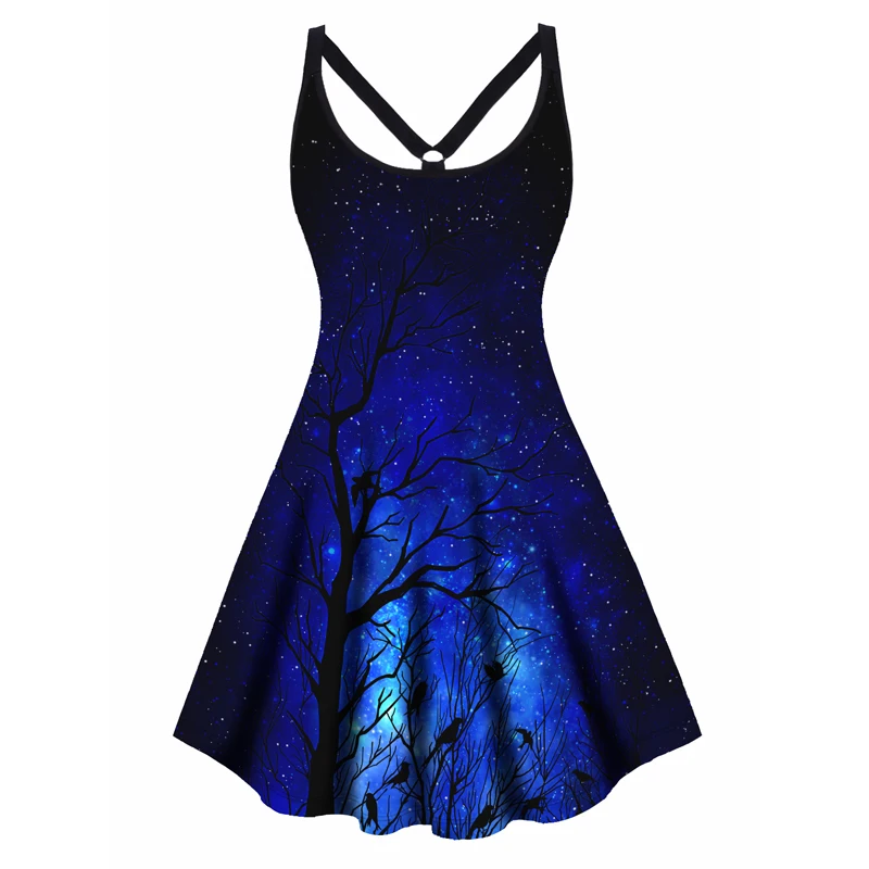 

Dressfo Plus Size Dress Galaxy Tree Branches Print Cut Out High Waisted Sleeveless A Line Mini Dresses Vestidos