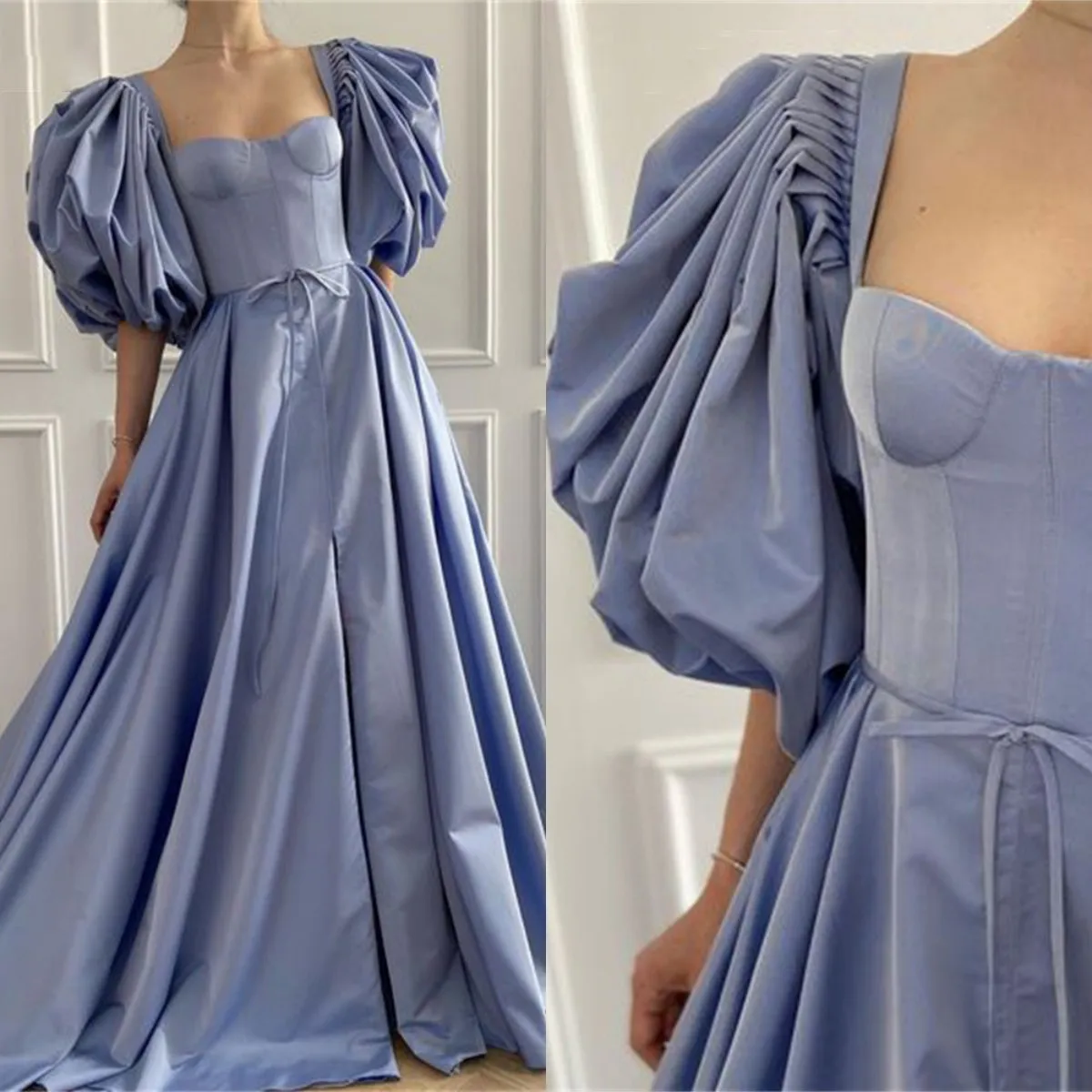 

Sweetheart Neck Evening Dress Blue Stain Prom Dresses Puffy Sleeves Wedding Party Dresses Bow Sweep Train вечернее платье