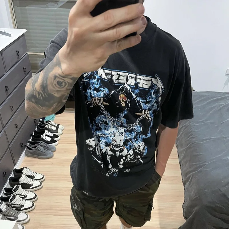 

Represent Blue Fire Skull Wizard Evil Dog Retro High Street Fashion Brand Short Sleeve T-shirt Couple Distressed round Neck Top