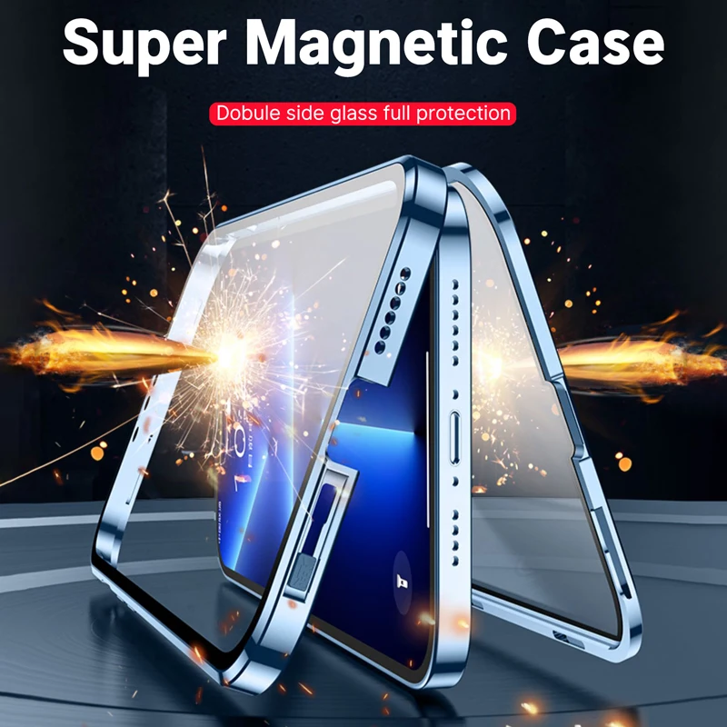 

Двухсторонний стеклянный Магнитный чехол с металлической рамкой для телефона iPhone 14 13 12 11 Pro Max X XS 8 7 14 Plus 13 12 крышка объектива мини-камеры