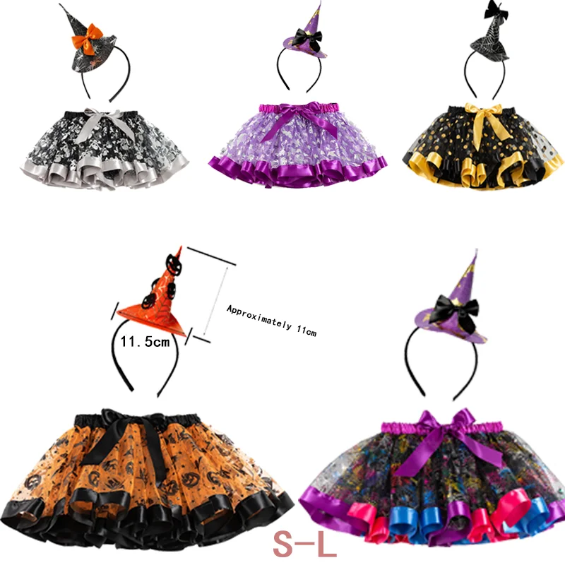 Child girl witch costume spider web pattern print ballet skirt and witch hat child Halloween carnival cosplay fancy dress up