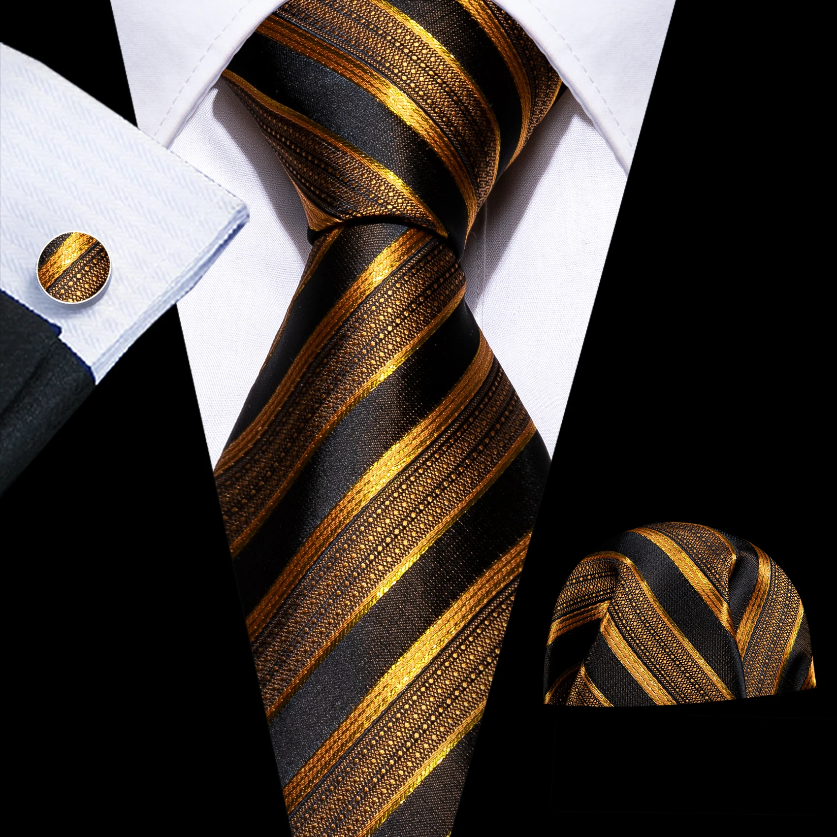 

Fashion Gold Stiped Men Silk Necktie Fahsion Brooches Men Tie Handkerchief Cufflinks Sets Men Gifts Barry.Wang Designer